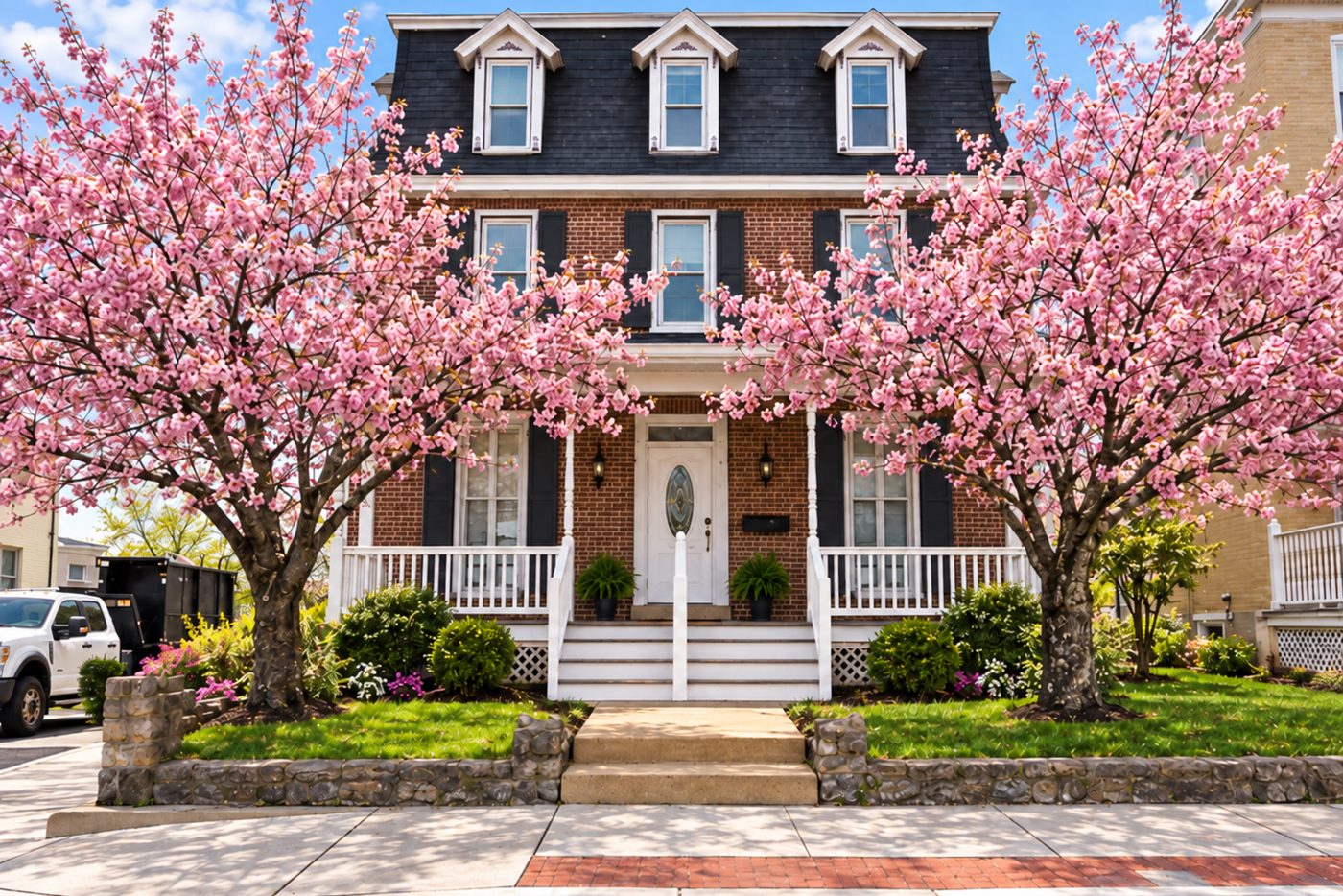 Men's house, 101 E. Main St, Lansdale — front of the house with cherry trees in bloom