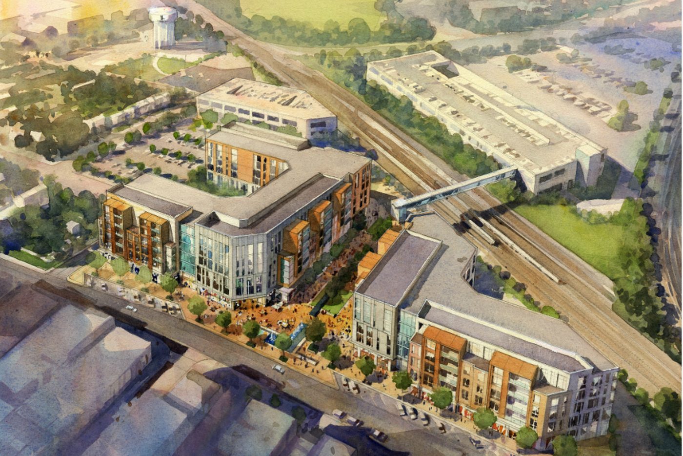Overhead view of downtown Lansdale beside the train station